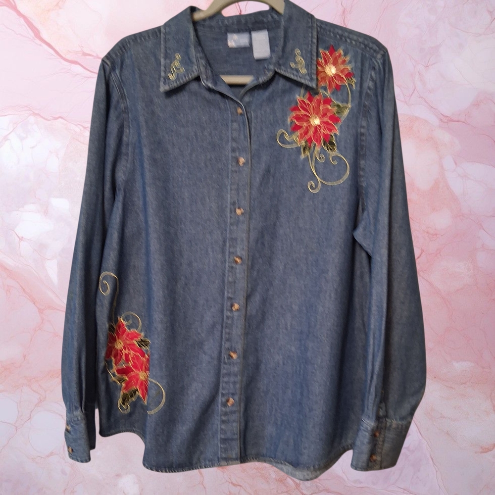 Holiday Editions Vintage Embroidered Denim Shirt Christmas Poinsettia Large